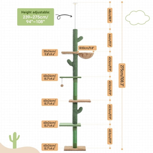 5 Layers Cactus Cat Tree | 5-Tier Floor to Ceiling Cat Tree