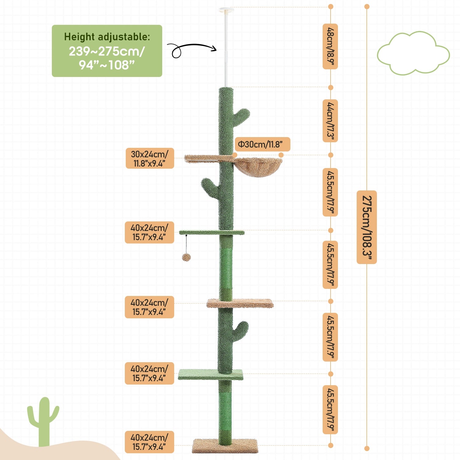 5 Layers Cactus Cat Tree | 5-Tier Floor to Ceiling Cat Tree