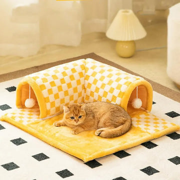 2-in-1 Funny Plush Plaid Cat Tunnel Cat Bed | Grid Cat Tunnel Bed