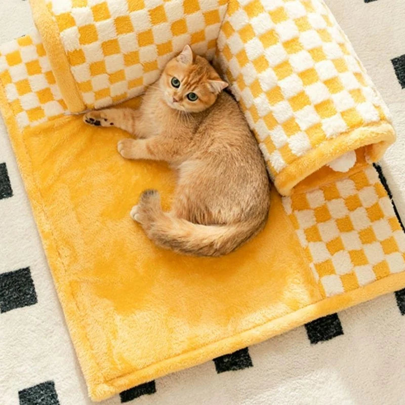 2-in-1 Funny Plush Plaid Cat Tunnel Cat Bed | Grid Cat Tunnel Bed