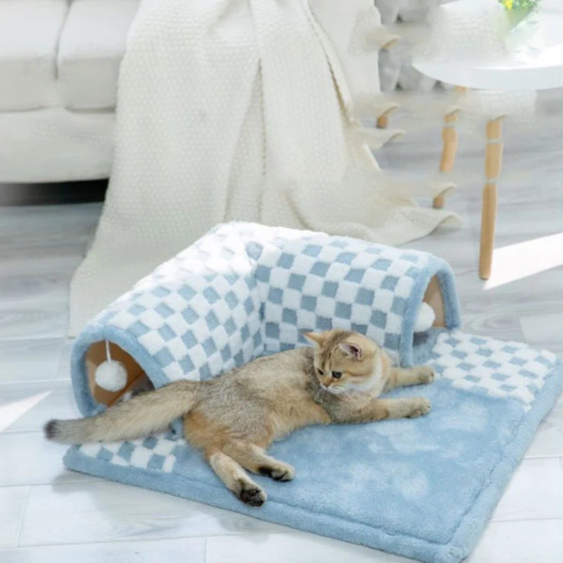 2-in-1 Funny Plush Plaid Cat Tunnel Cat Bed | Grid Cat Tunnel Bed