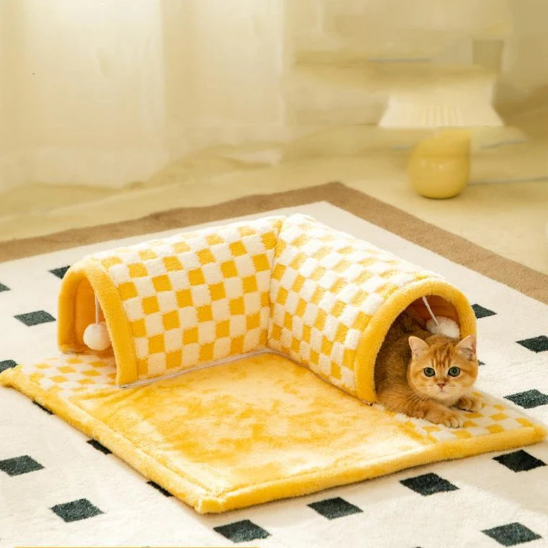 2-in-1 Funny Plush Plaid Cat Tunnel Cat Bed | Grid Cat Tunnel Bed