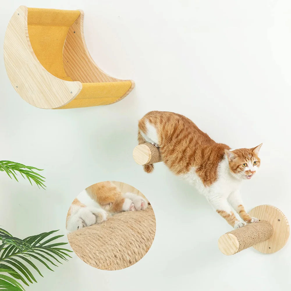 Wall Mounted Climbing Wooden Shelves Hammock Set | Cat Climbing Frame Cat Tree