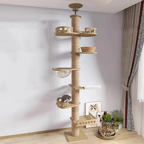 255-265cm Ceiling Tree Tower Large Cat Wooden Scratching Post Gym