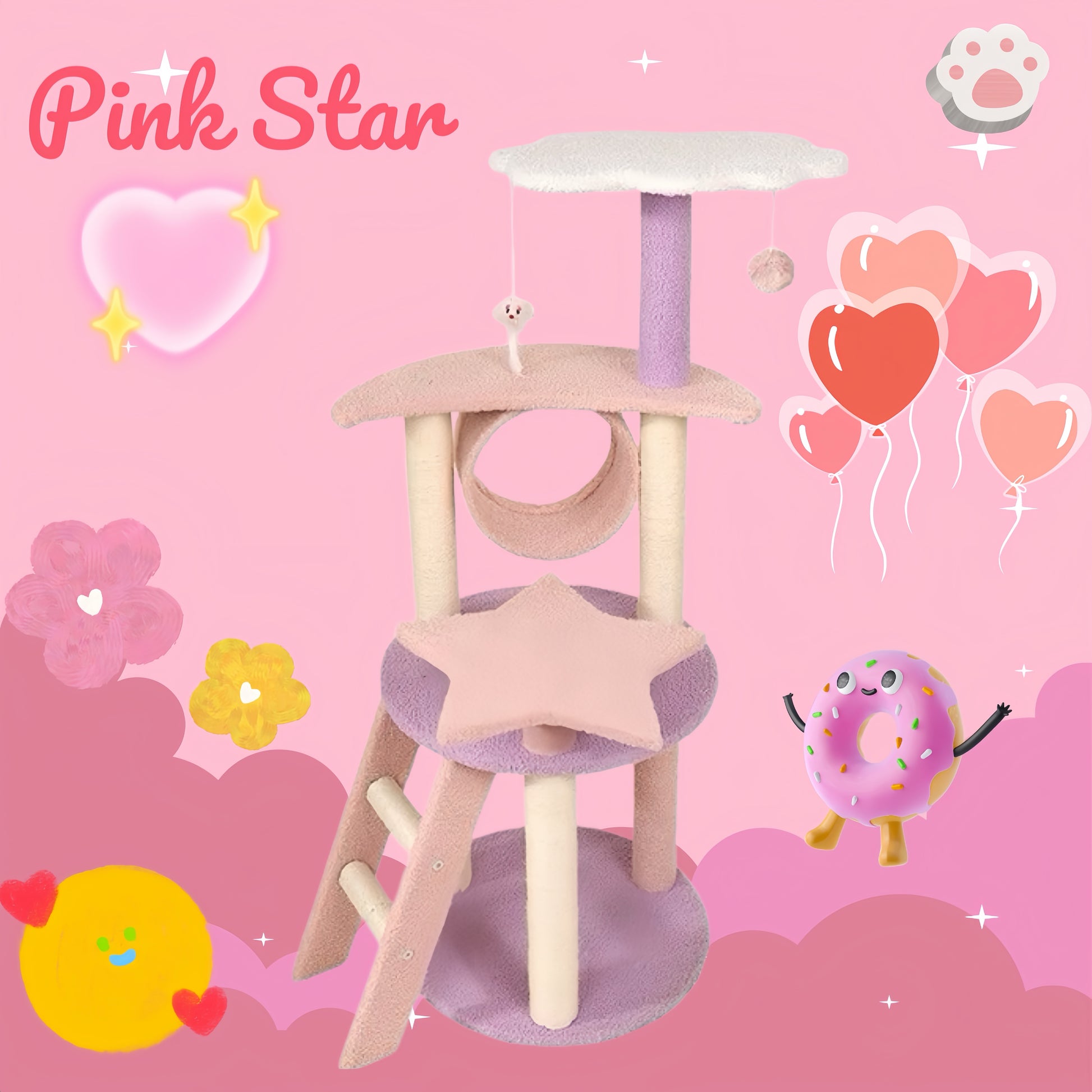 Pink Star Cat Tree | Multi-level Cat Tree | Cat Climbing Frame