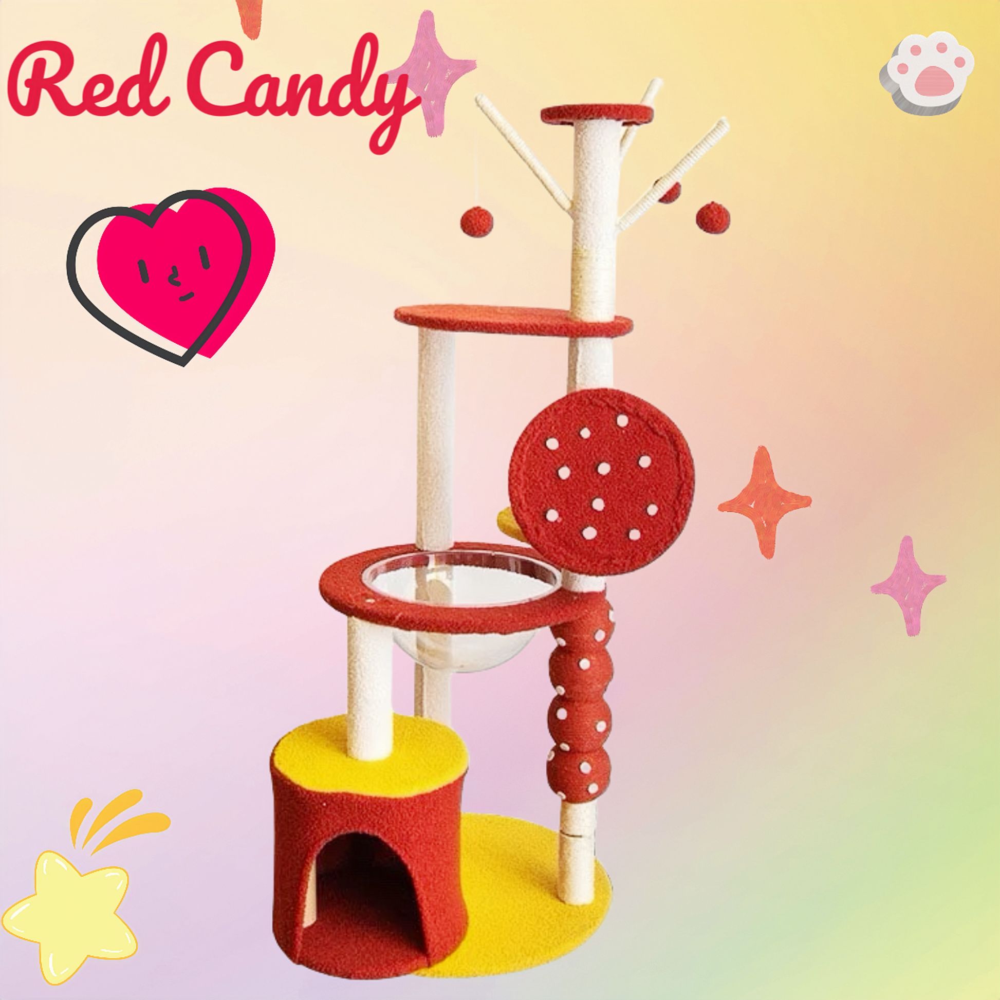  Red Candy Cat Tree | Tall Stable Cat Scratcher Tower | Home Furniture Cat Tree