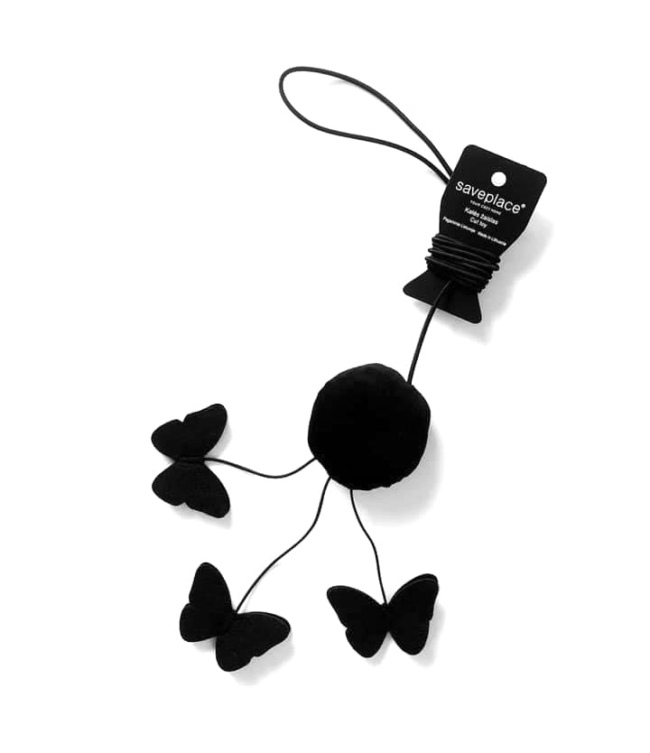 BUTTERFLIES Saveplace® black plush cat toy with long gummy string - BaconPaw